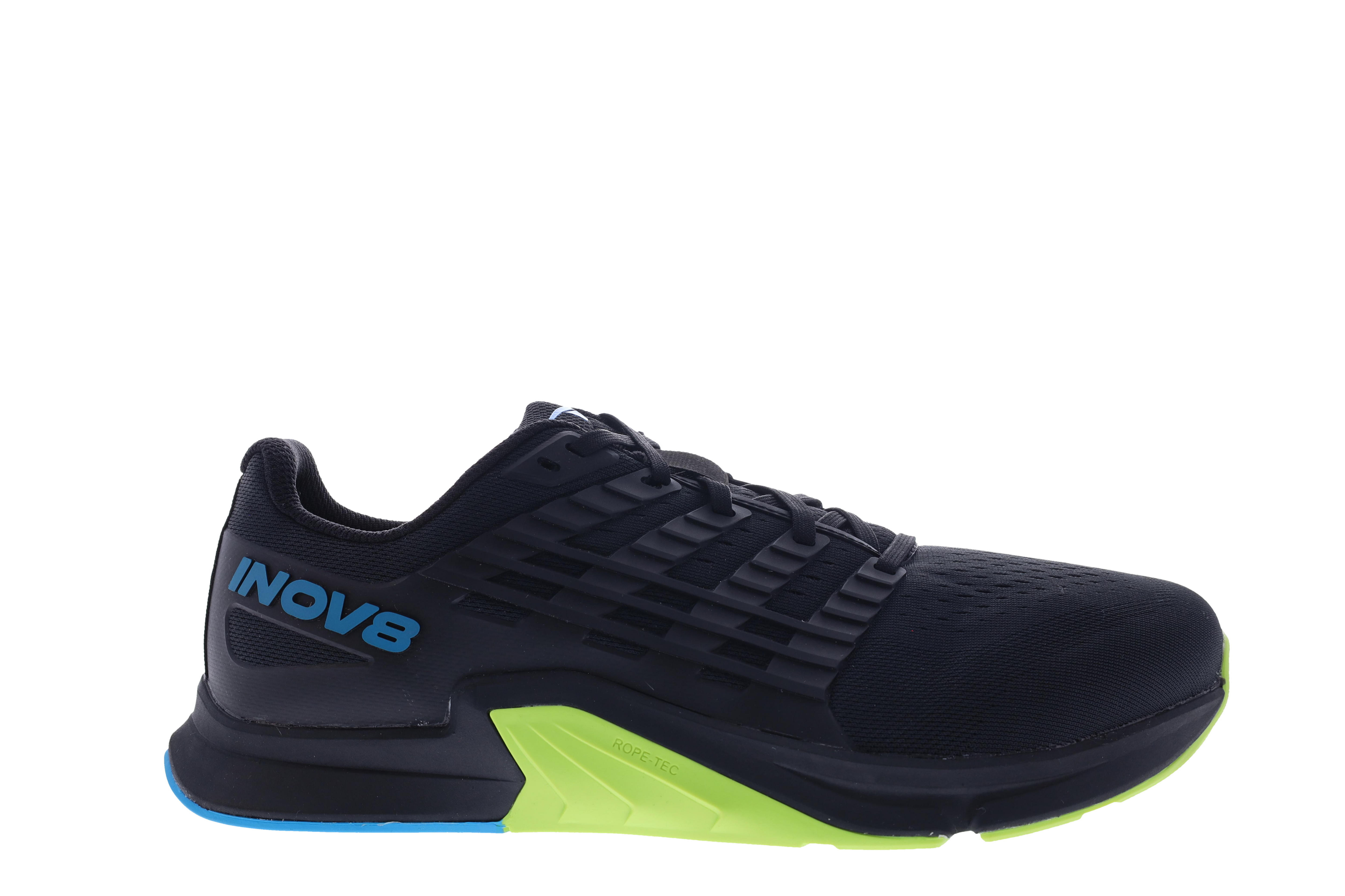 Side view on white background of Mens Inov8 F-Lite running shoe in Black/Blue/Lime, Wide width