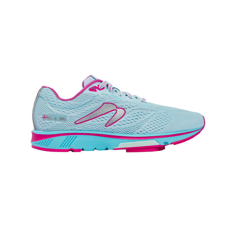 Side view on white background of Womens Newton Running Motion+ running shoe in Blue/Pink, Medium (Regular) width