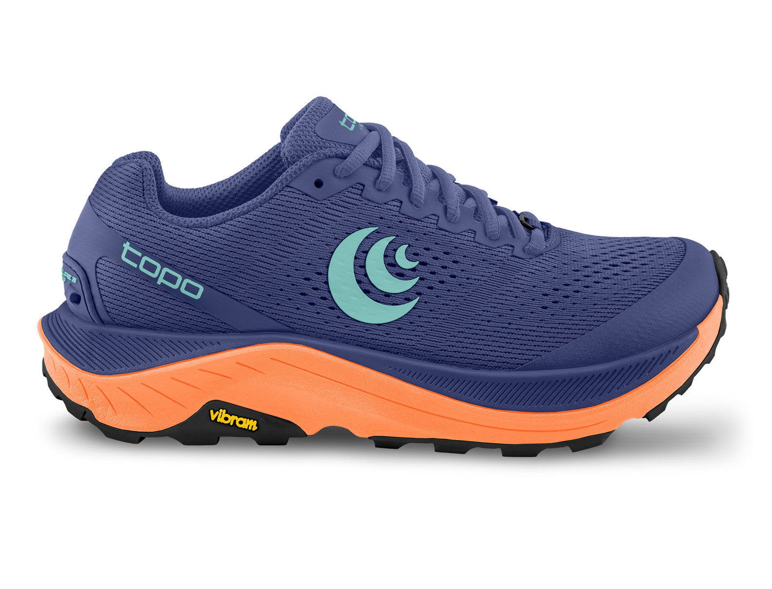 Side view on white background of Womens Topo Athletic Ultraventure 3 running shoe in Purple/Orange, Medium (Regular) width