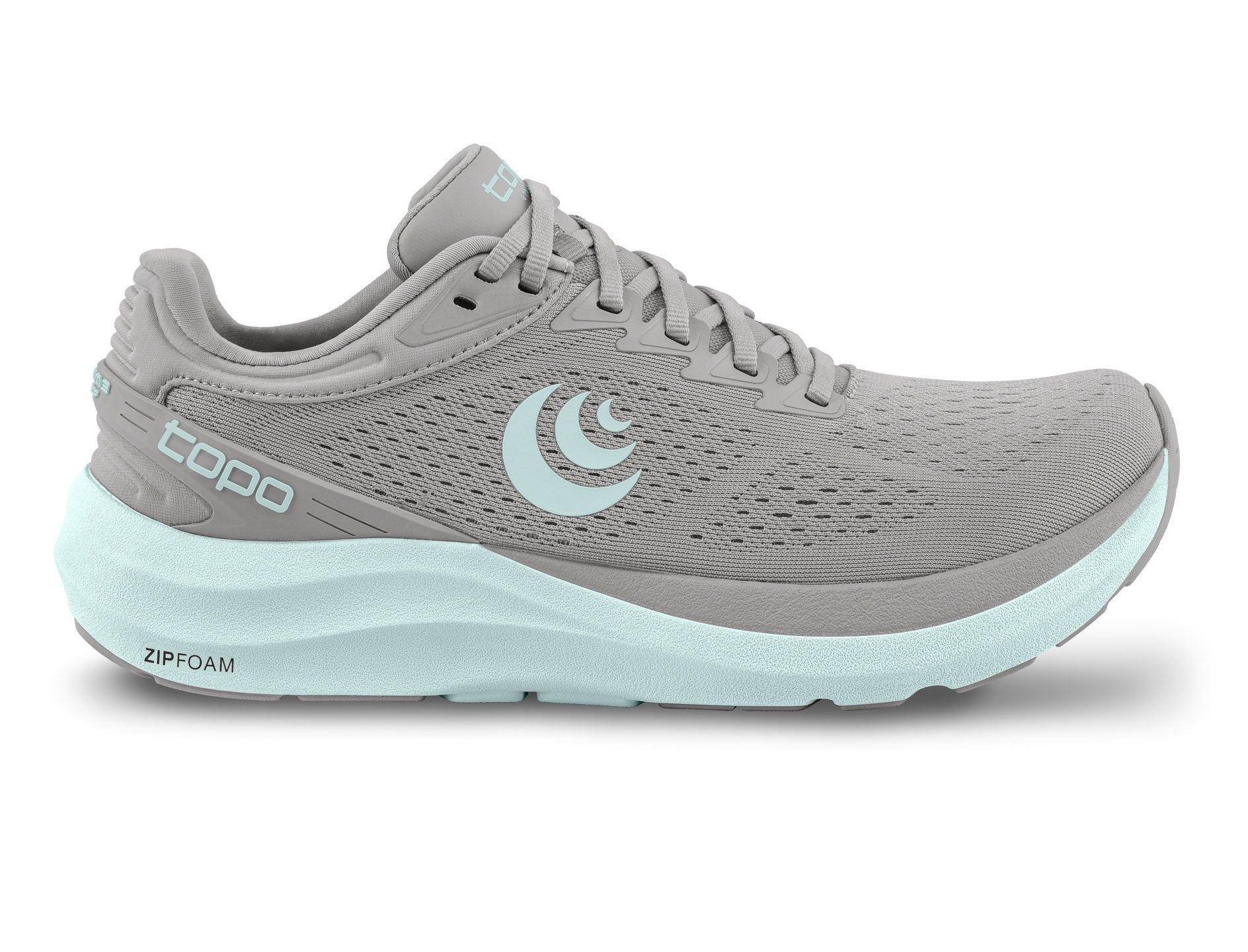 Side view on white background of Womens Topo Athletic Phantom 3 running shoe in Grey/Stone, Wide width