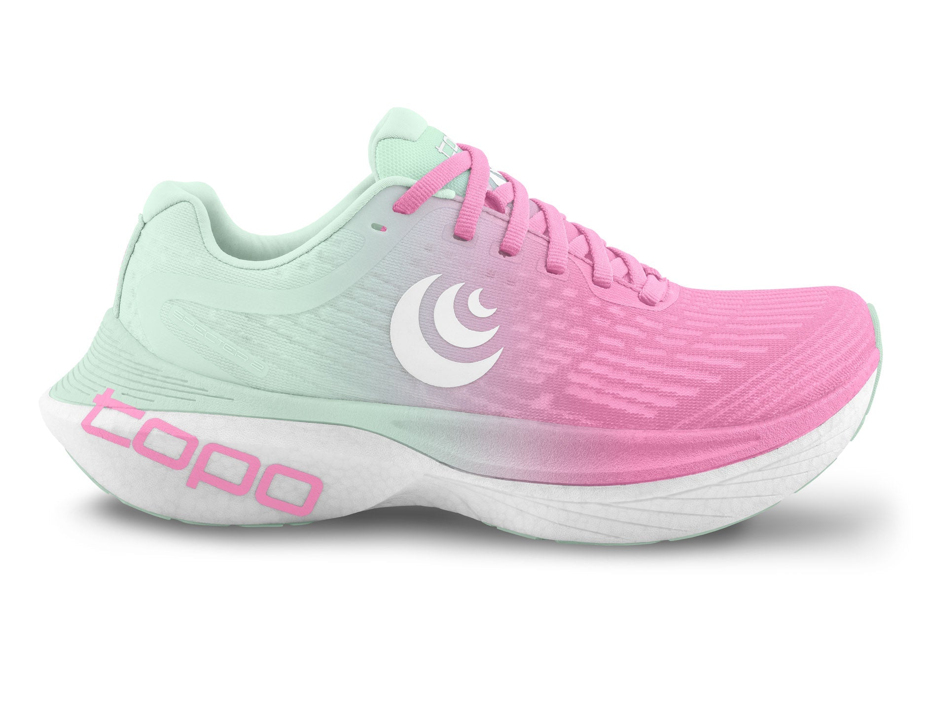 Side view on white background of Womens Topo Athletic Specter 2 running shoe in Pink/Blue, Medium (Regular) width