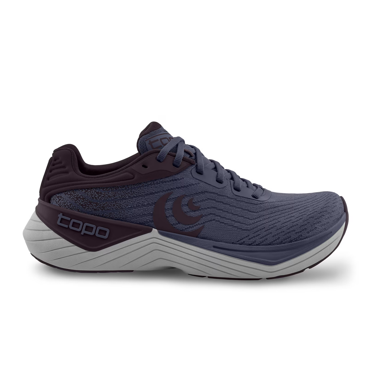 Side view on white background of Womens Topo Athletic Ultrafly 5 running shoe in Purple/Grey, Medium (Regular) width