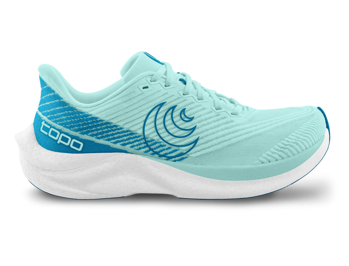 Side view on white background of Womens Topo Athletic Cyclone 3 running shoe in Sky/Blue, Medium (Regular) width