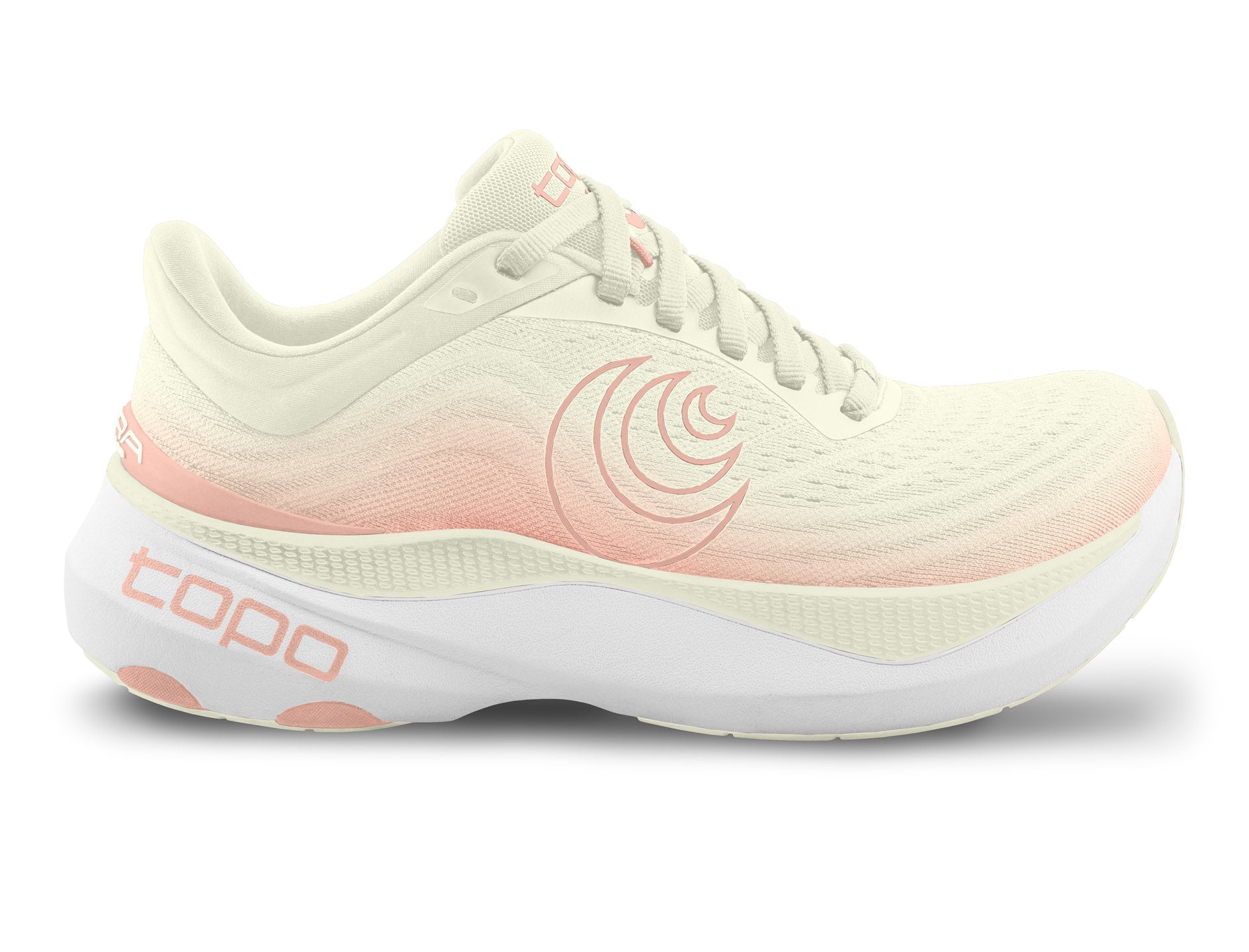 Side view on white background of Womens Topo Athletic Aura running shoe in Cream/Rose, Medium (Regular) width