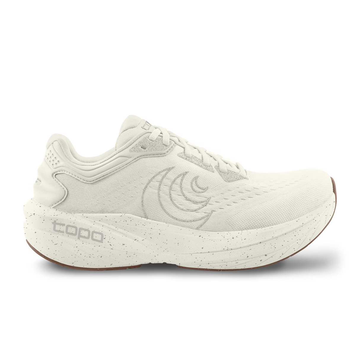 Side view on white background of Womens Topo Athletic Phantom 4 running shoe in Salt/Natural, Medium (Regular) width