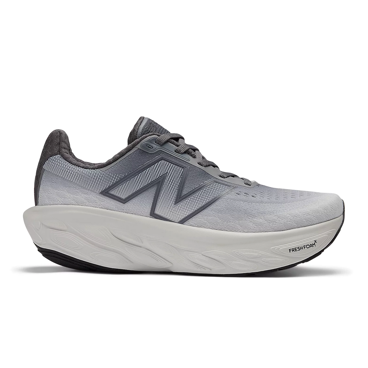 Side view on white background of Womens New Balance Fresh Foam X 1080v14 running shoe in Castlerock/Grey Matter/Black, Wide width