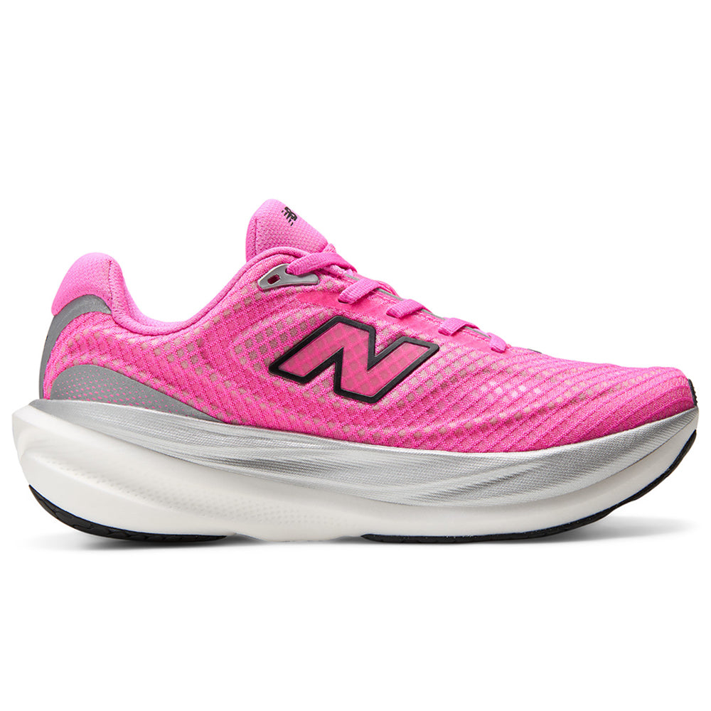 Side view on white background of Womens New Balance Fresh Foam X 1080 running shoe in Pink Heat/Black, Medium (Regular) width