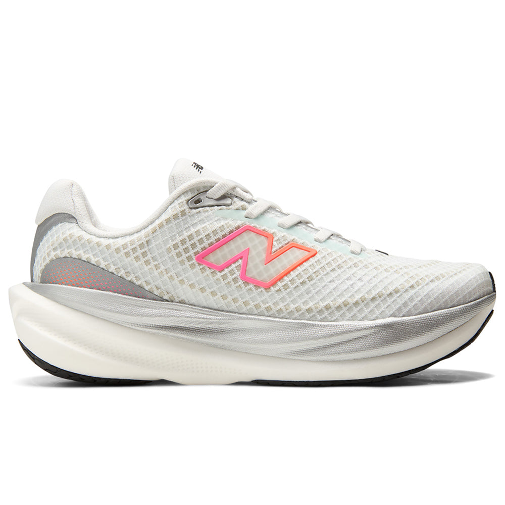 Side view on white background of Womens New Balance Fresh Foam X 1080 running shoe in NB 103 White/Pink Heat/Tangerine Heat, Medium (Regular) width