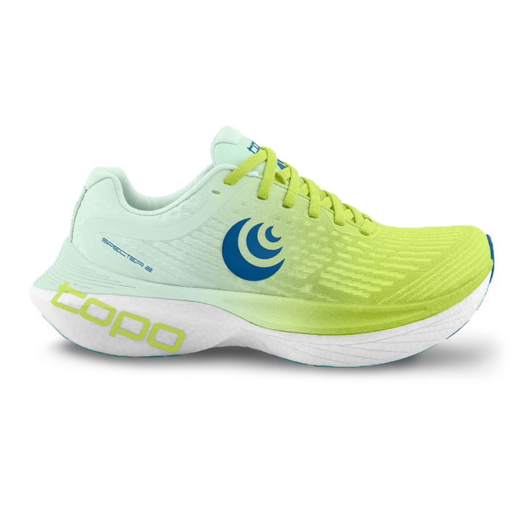 Side view on white background of Mens Topo Athletic Specter 2 running shoe in Green/Blue, Medium (Regular) width