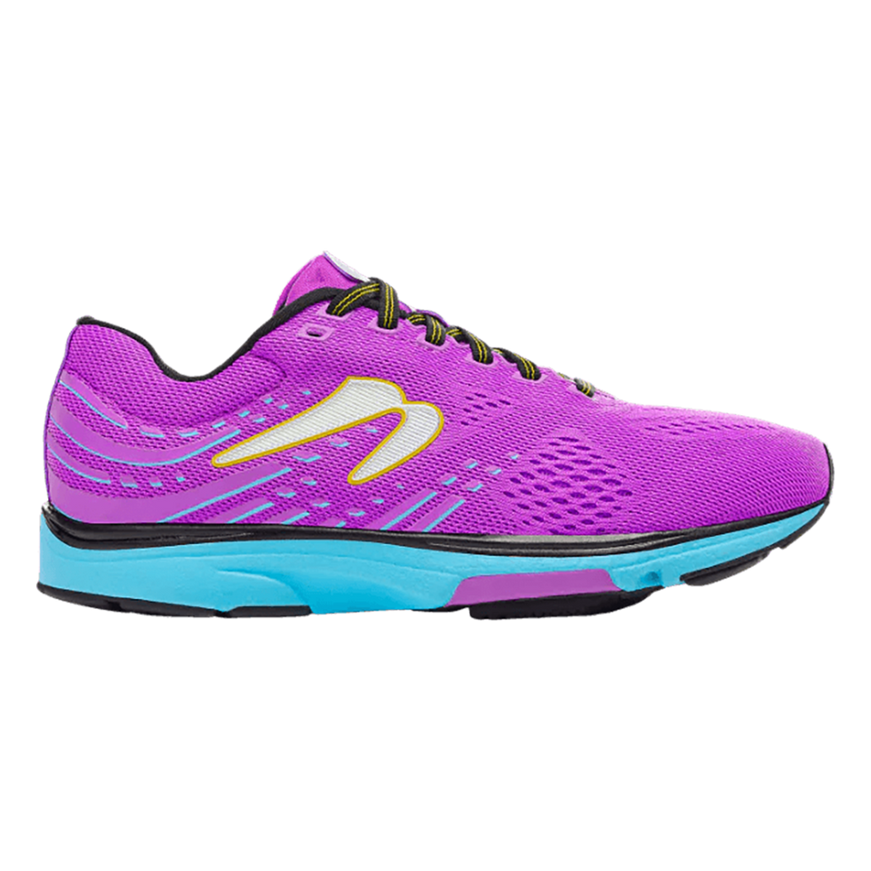 Side view on white background of Womens Newton Running Kismet 9 running shoe in Teal/Rose, Medium (Regular) width