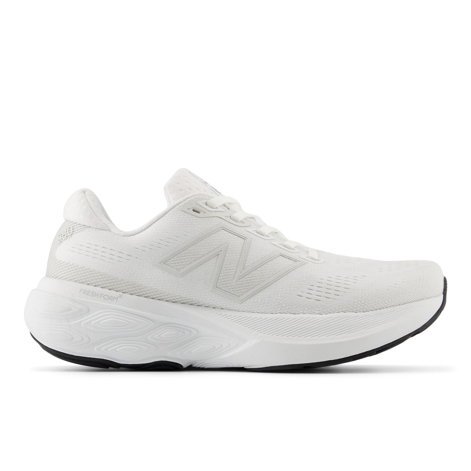 Side view on white background of Womens New Balance Fresh Foam X 880v15 running shoe in White/Sea Salt/Black, Medium (Regular) width