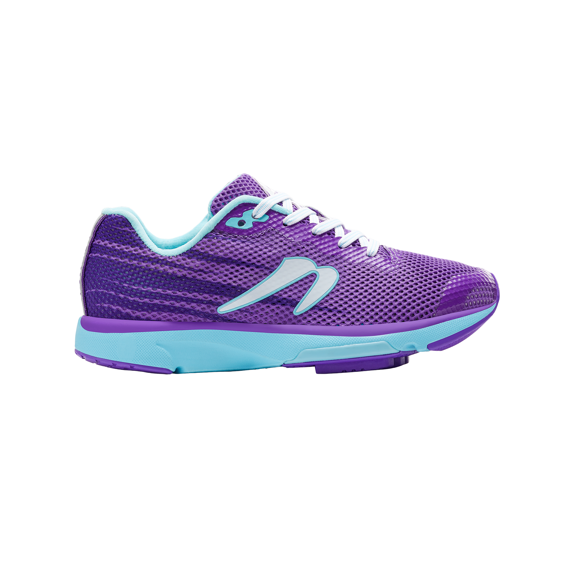 Side view on white background of Womens Newton Running Distance S 13 running shoe in Purple/Aqua, Medium (Regular) width