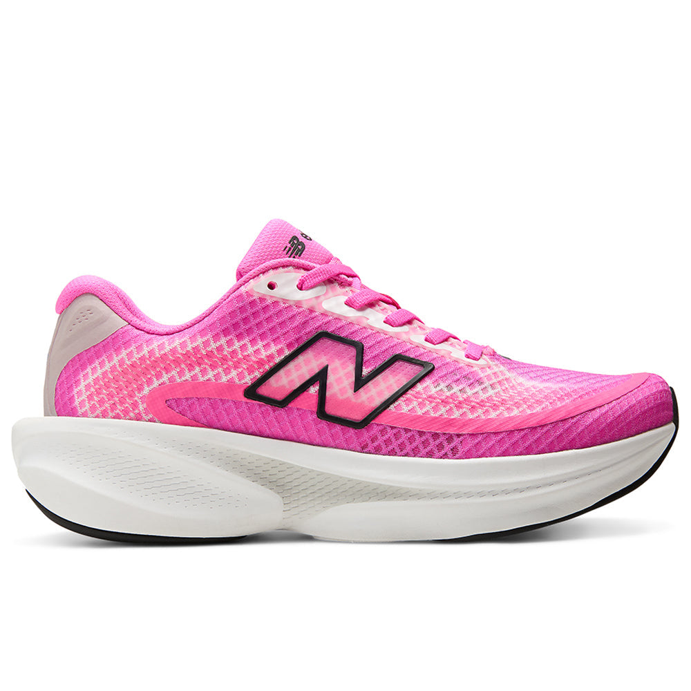 Side view on white background of Womens New Balance Ellipse running shoe in Pink Heat/Black, Medium (Regular) width