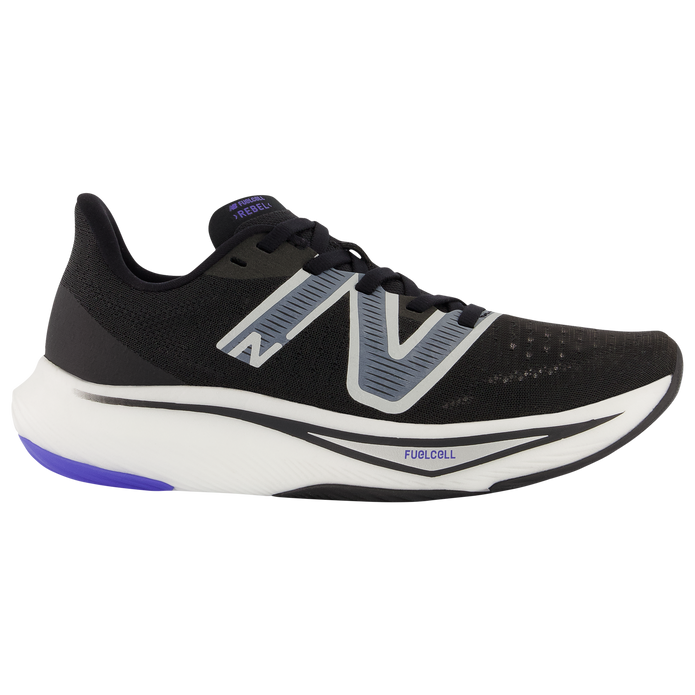 Side view on white background of Womens New Balance FuelCell Rebel v3 running shoe in Black/Aura/Vibrant Spring Glo, Medium (Regular) width