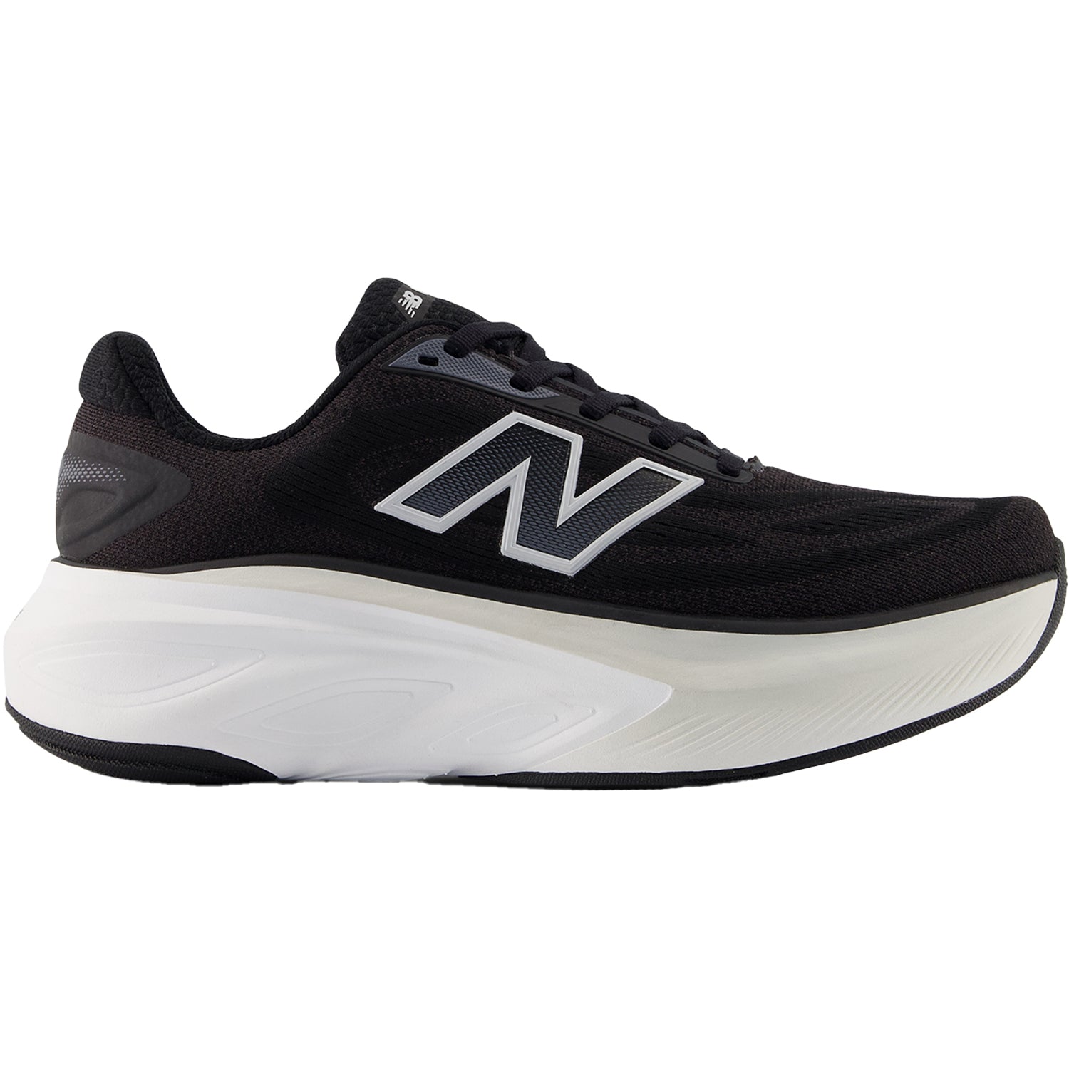 Side view on white background of Womens New Balance Fresh Foam X More v6 running shoe in Black/Grey Matter/Castlerock, Wide width