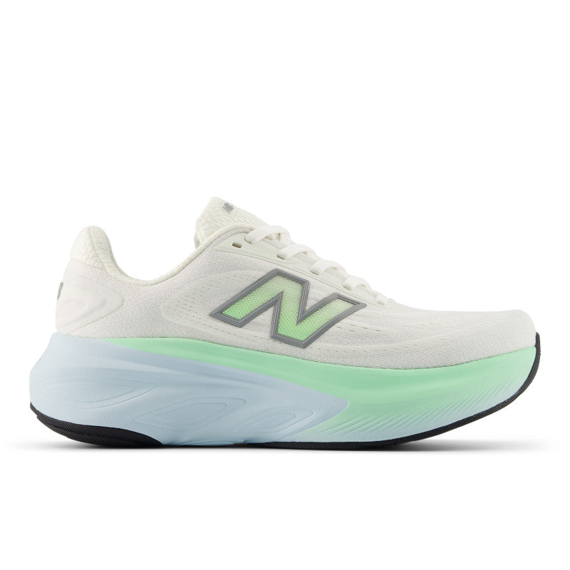 Side view on white background of Womens New Balance Fresh Foam X More V6 running shoe in Sea Salt/Lab Gren/Frosted Glass, Medium (Regular) width