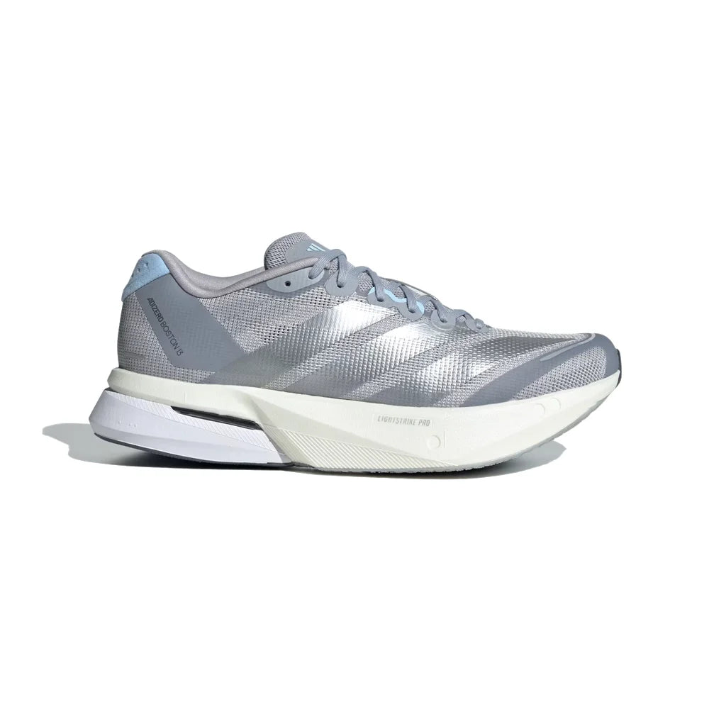 Side view on white background of Womens Adidas Adizero Boston 13 running shoe in Halo Silver/Silver Met/Glow Blue, Medium (Regular) width