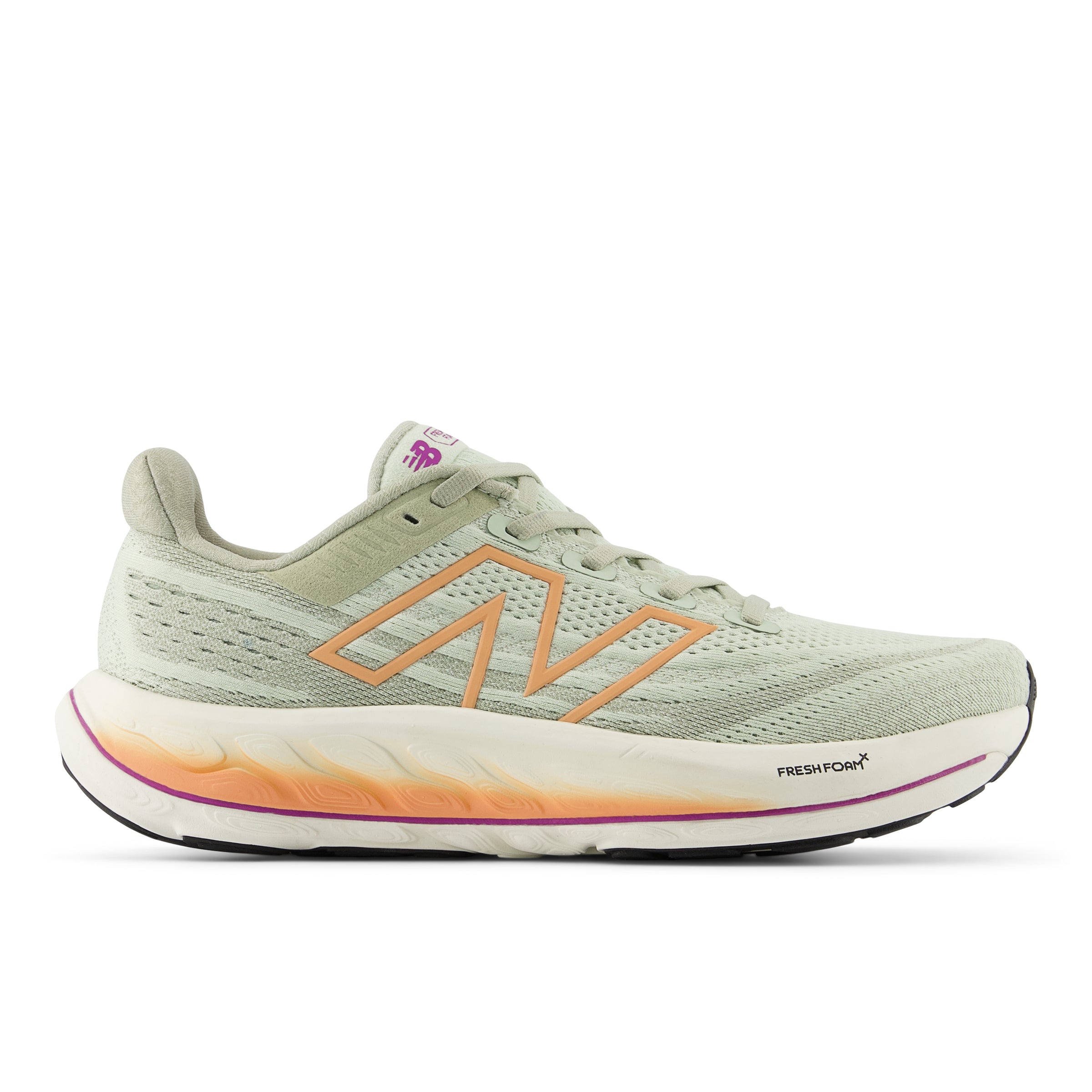 Side view on white background of Womens New Balance Fresh Foam Vongo v6 running shoe in Natural Mint/Light Gold Metallic/Copper, Wide width