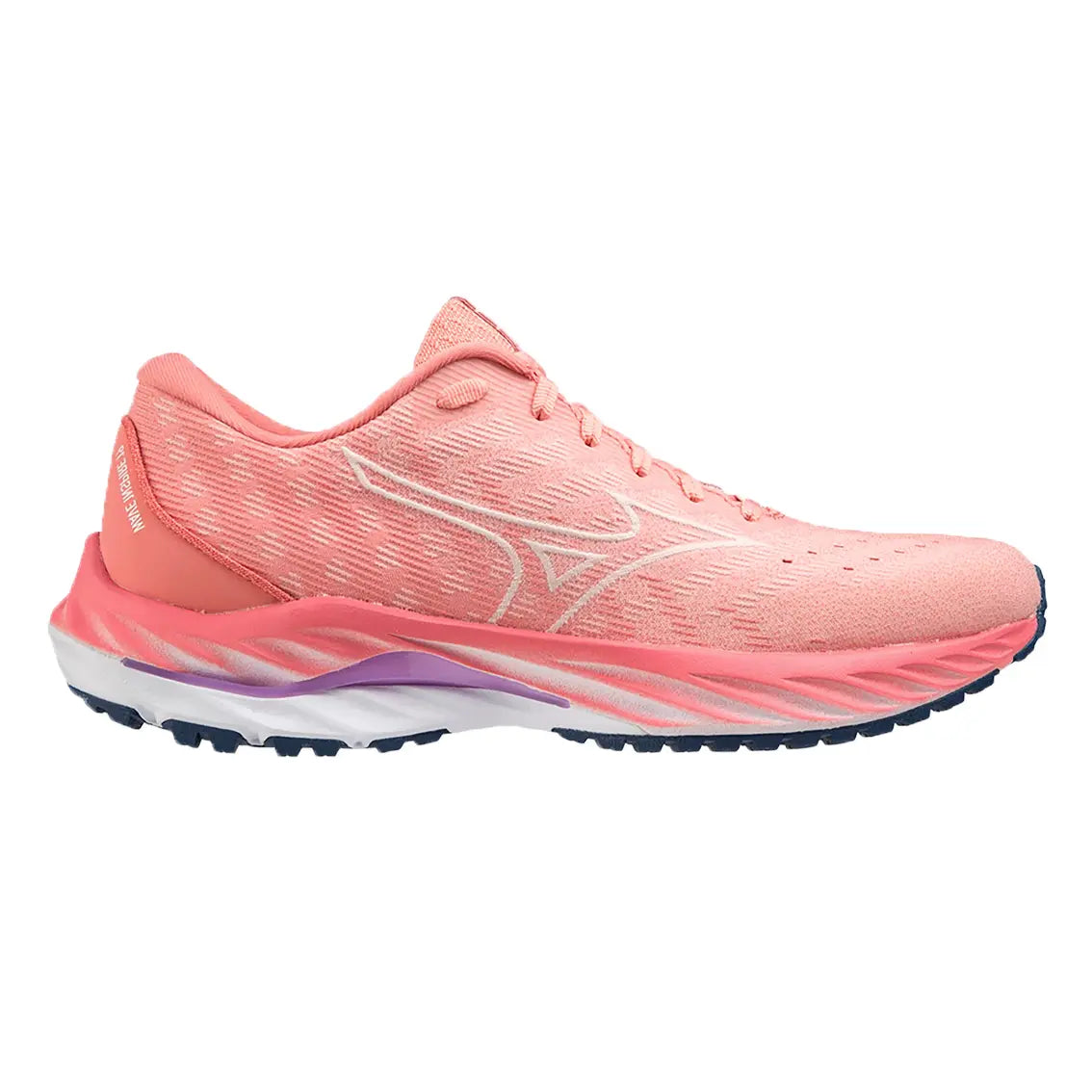 Side view on white background of Womens Mizuno Wave Inspire 19 running shoe in Peach Bud/Vaporous Grey, Medium (Regular) width