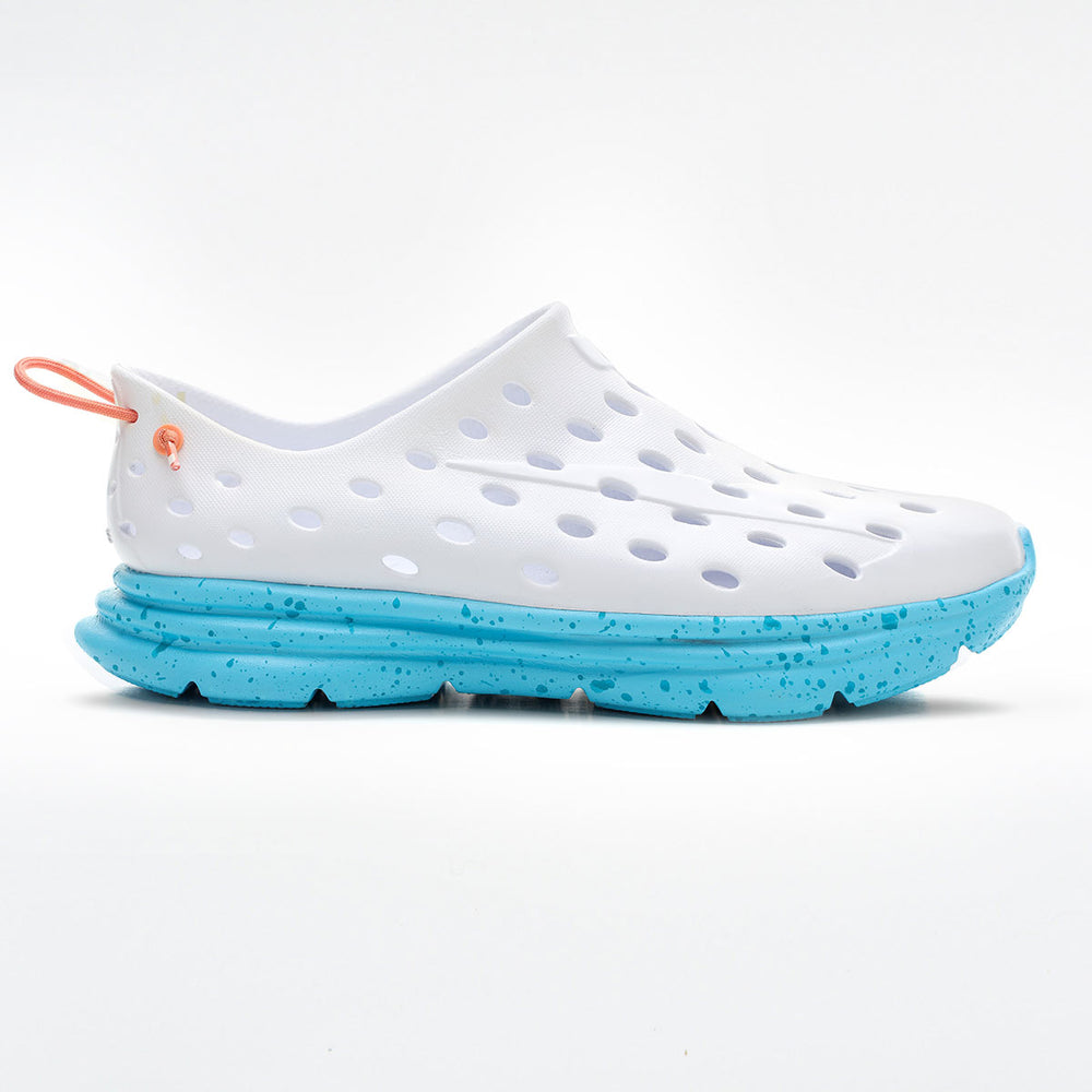 Side view on white background of Womens Kane Revive running shoe in White/Spring Speckle, Medium (Regular) width