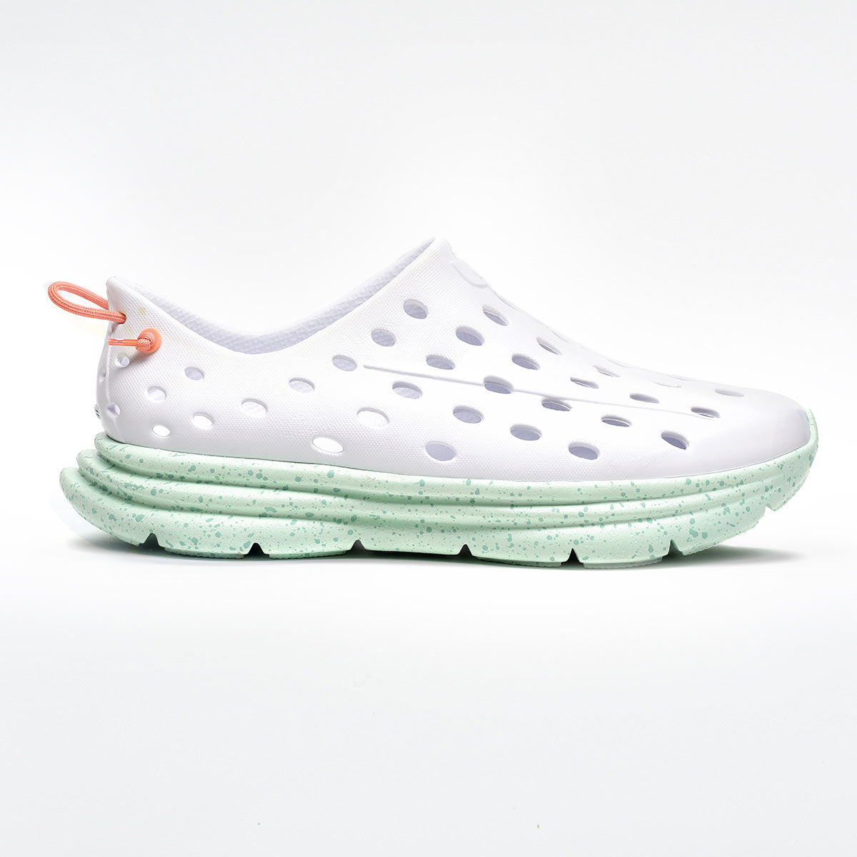 Side view on white background of Womens Kane Revive running shoe in White/Spring Speckle, Medium (Regular) width