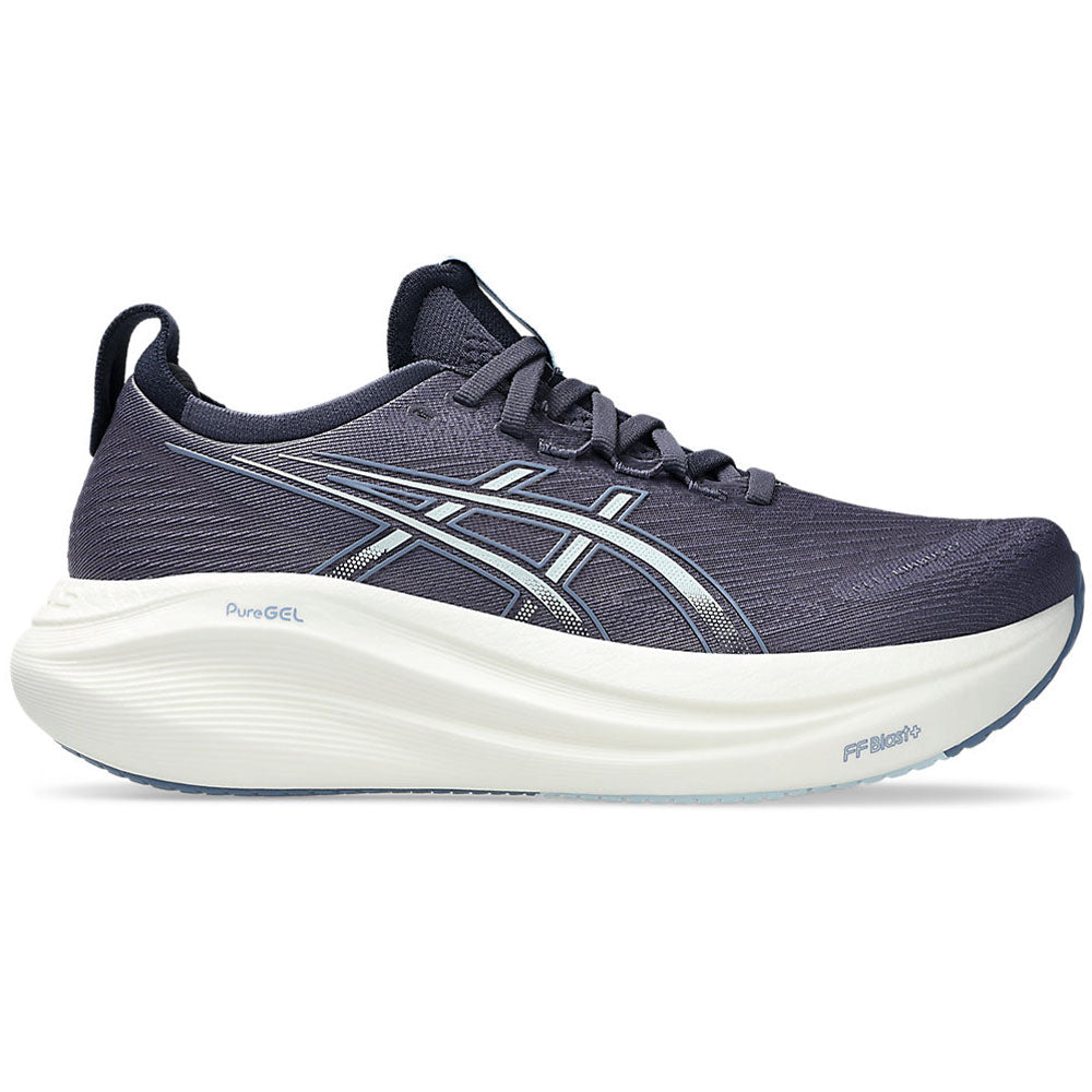 Side view on white background of Womens Asics Gel-Nimbus running shoe in Indigo Fog/Cool Grey, Medium (Regular) width