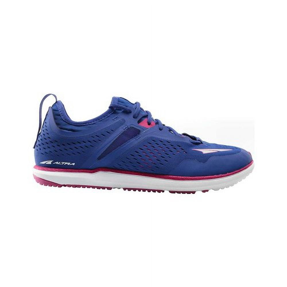 Side view on white background of Womens Altra Kayenta running shoe in Blue, Medium (Regular) width