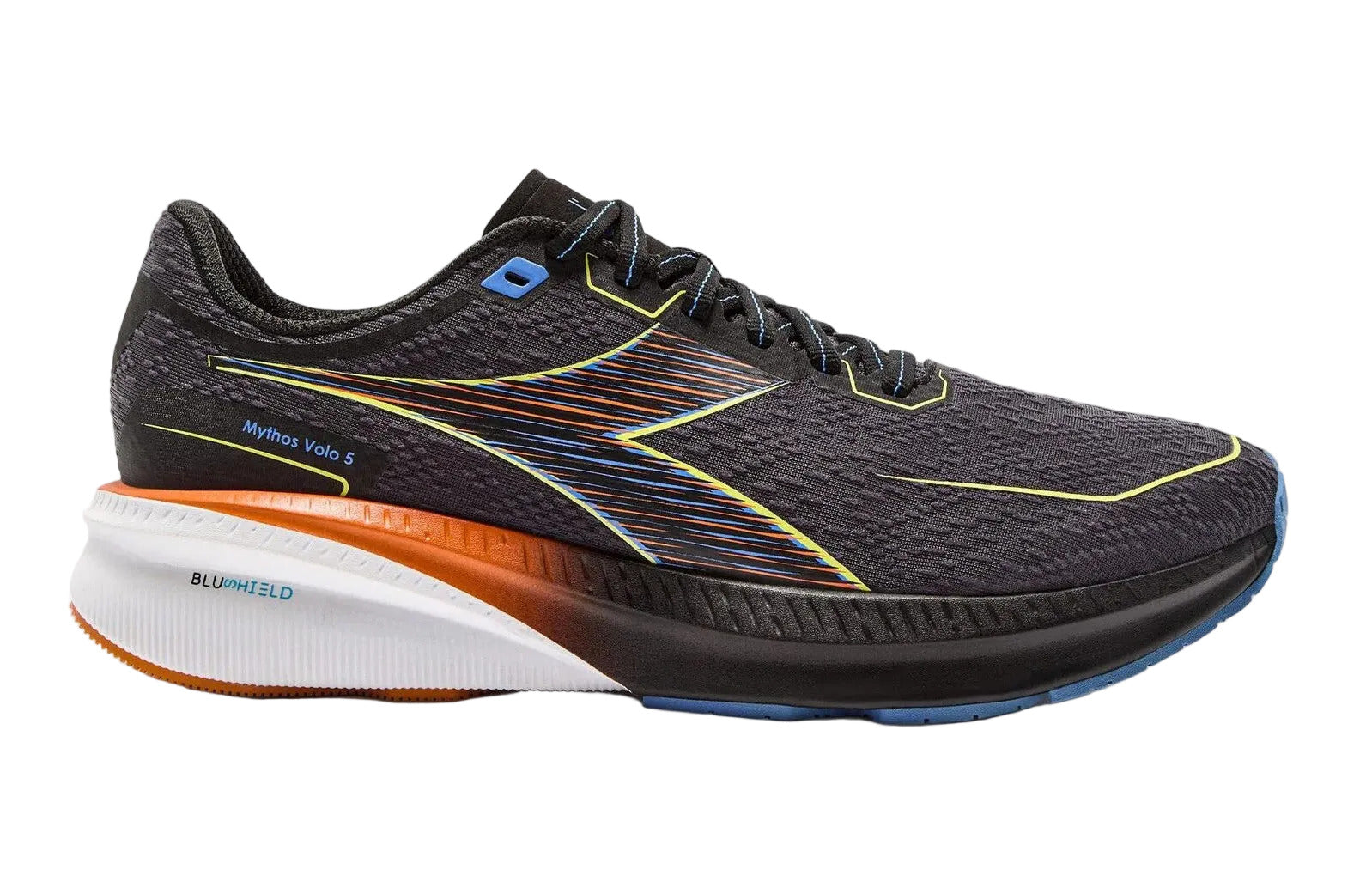 Side view on white background of Womens Diadora Mythos Blushield Volo 5 running shoe in Blk/Sulphur Spring/Ultramarine, Medium (Regular) width