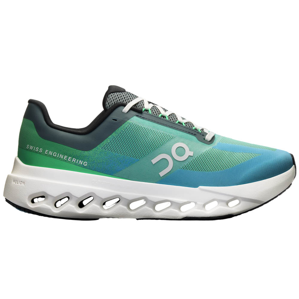 Side view on white background of Mens On Cloudsurfer running shoe in Honeydew/Ivory, Wide width