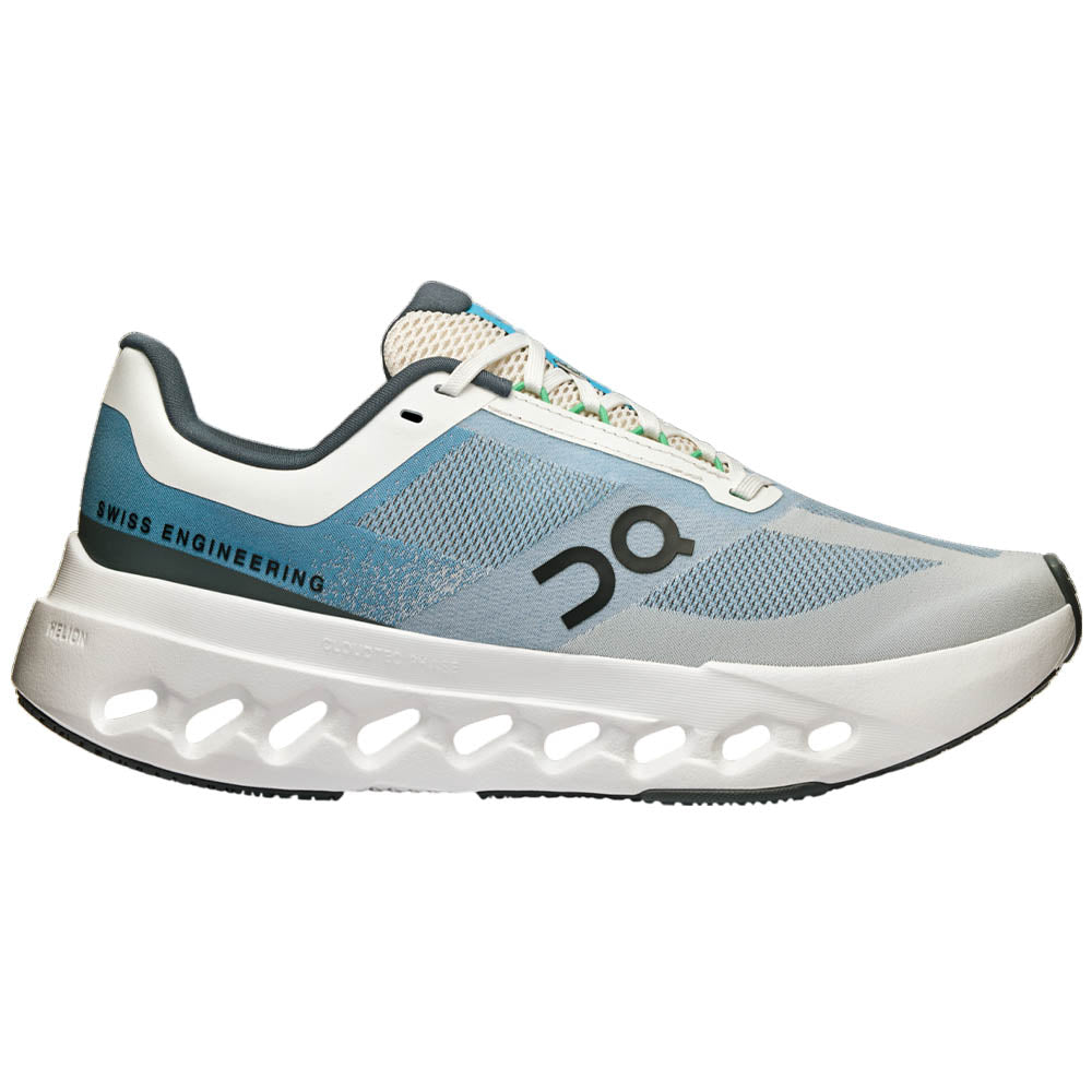 Side view on white background of Womens On Cloudsurfer running shoe in Niagara/White, Wide width