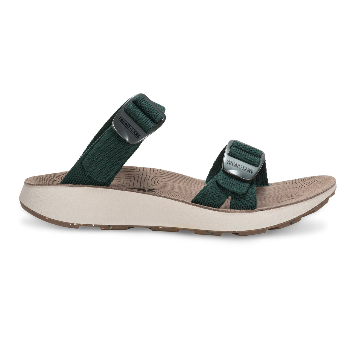 Tread Labs Salinas Slide women's sandal in Ivy green - side profile view showing adjustable buckle straps and cushioned arch support footbed