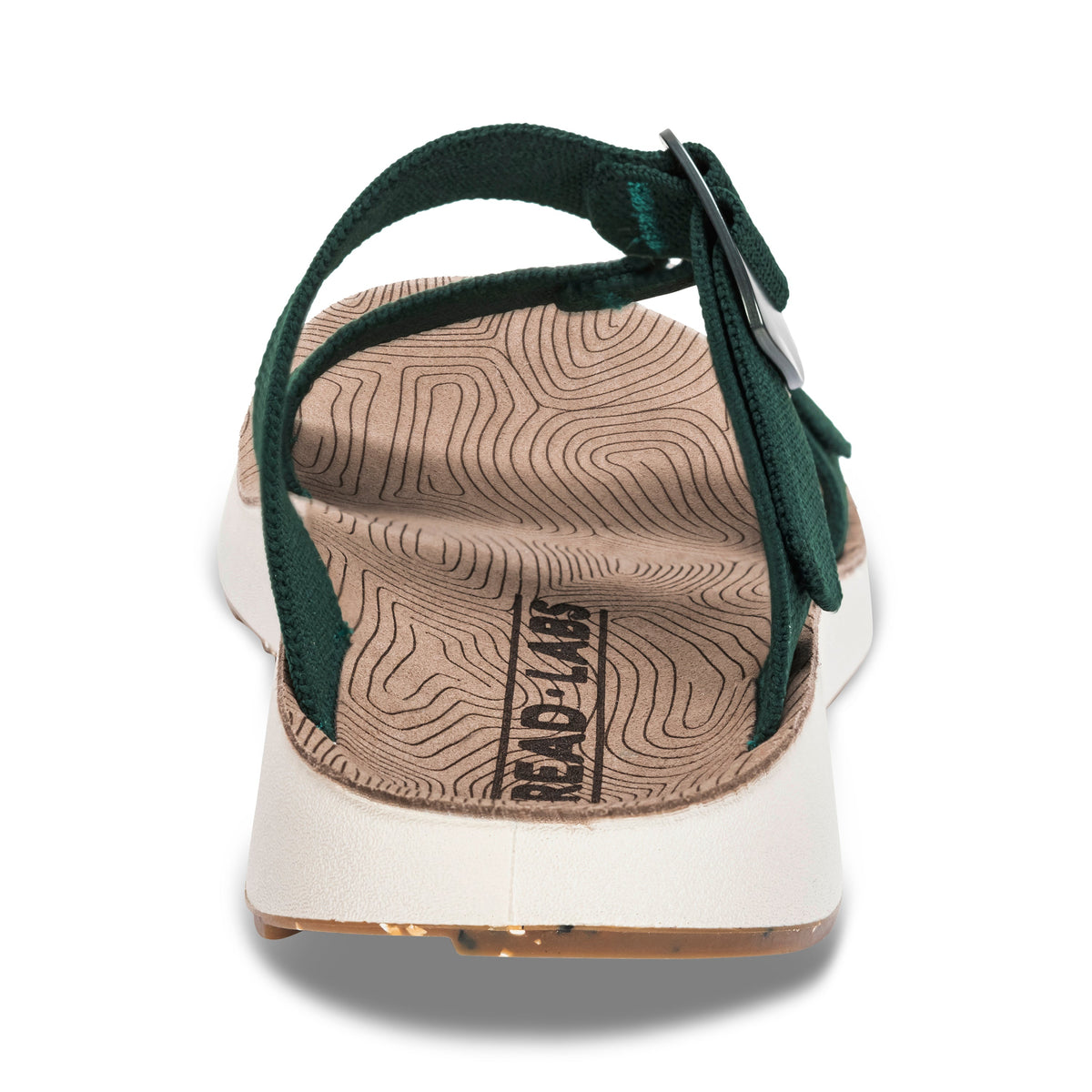 Back heel view of Tread Labs Salinas Slide sandal in Ivy green showing textured arch support footbed