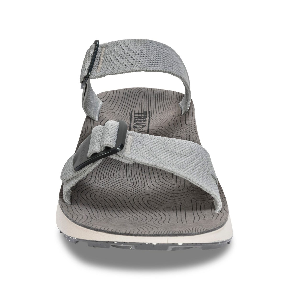Front close-up of Tread Labs Salinas Slide sandal in Mirage grey highlighting adjustable metal buckle straps
