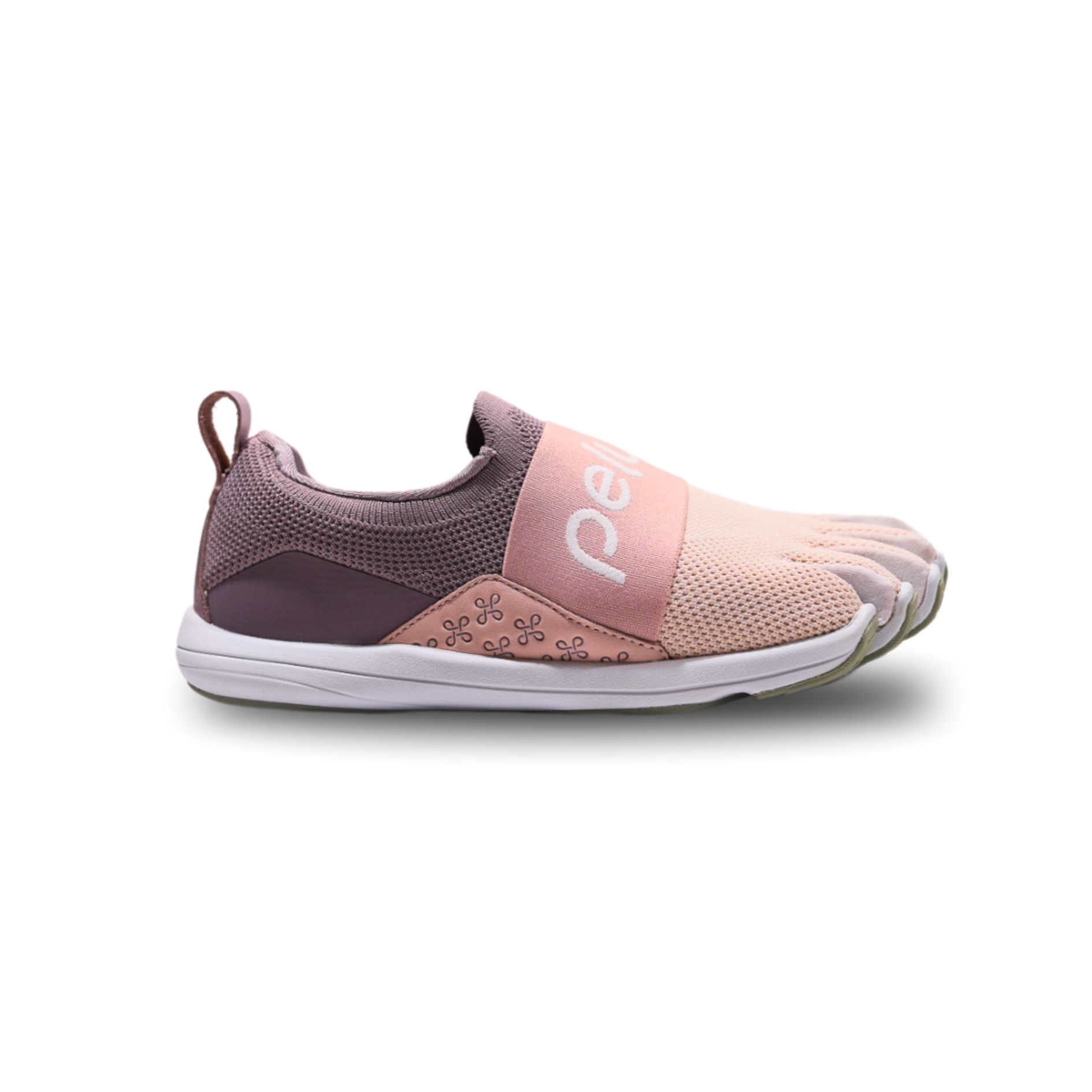 Side view on white background of Womens Peluva Carrie ST running shoe in Rose/White, Medium (Regular) width