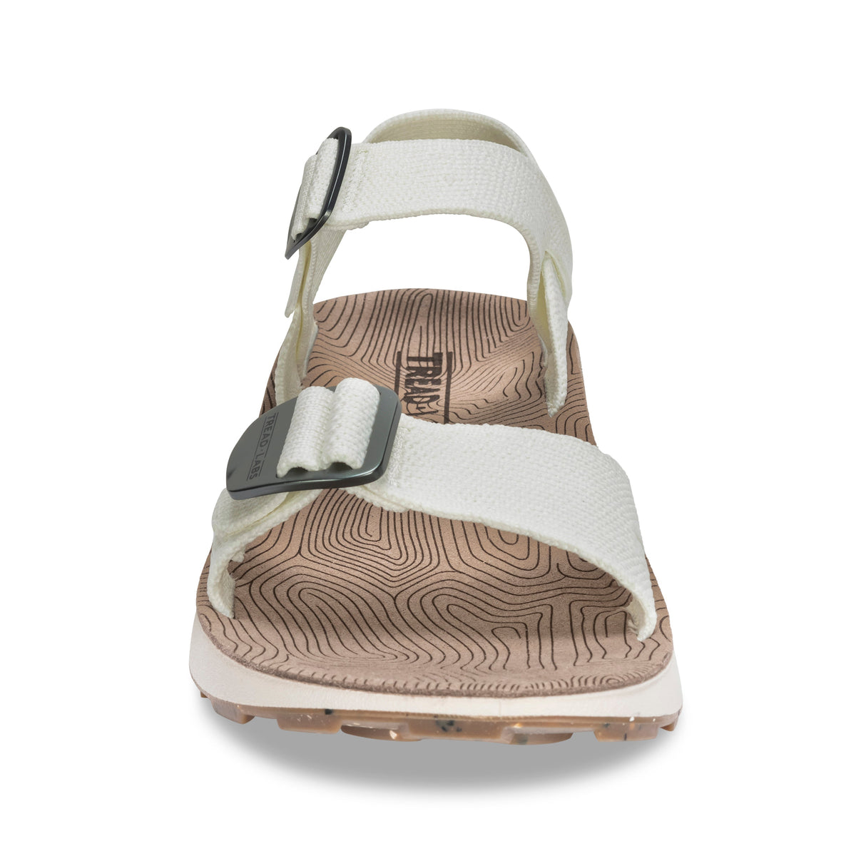 Front close-up of Tread Labs Salinas Slide sandal in Coconut white highlighting adjustable metal buckle straps