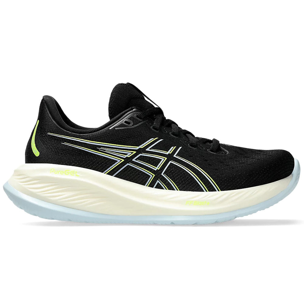 Side view on white background of Womens Asics Gel-Cumulus running shoe in Black/Safety Yellow, Medium (Regular) width
