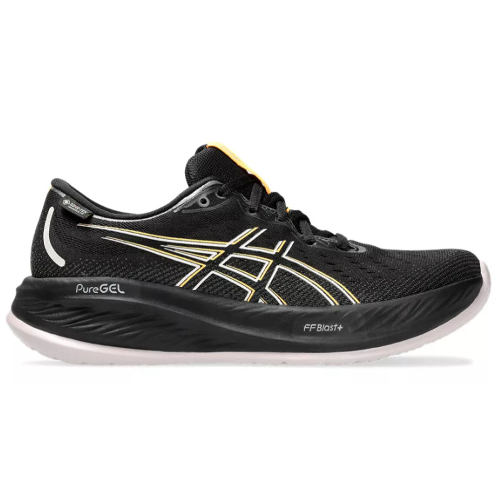 Side view on white background of Womens Asics Gel-Cumulus running shoe in Black/Stadium Orange, Medium (Regular) width