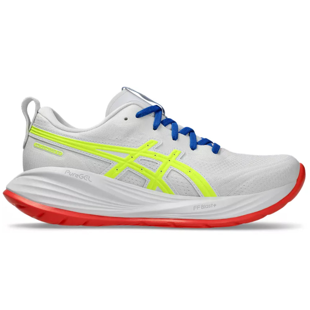Side view on white background of Womens Asics Gel-Cumulus running shoe in White/Safety Yellow, Medium (Regular) width