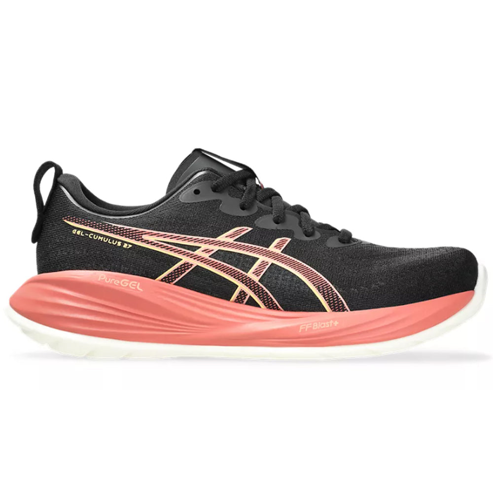 Side view on white background of Womens Asics Gel-Cumulus 27 running shoe in Black/Orange Glow, Medium (Regular) width