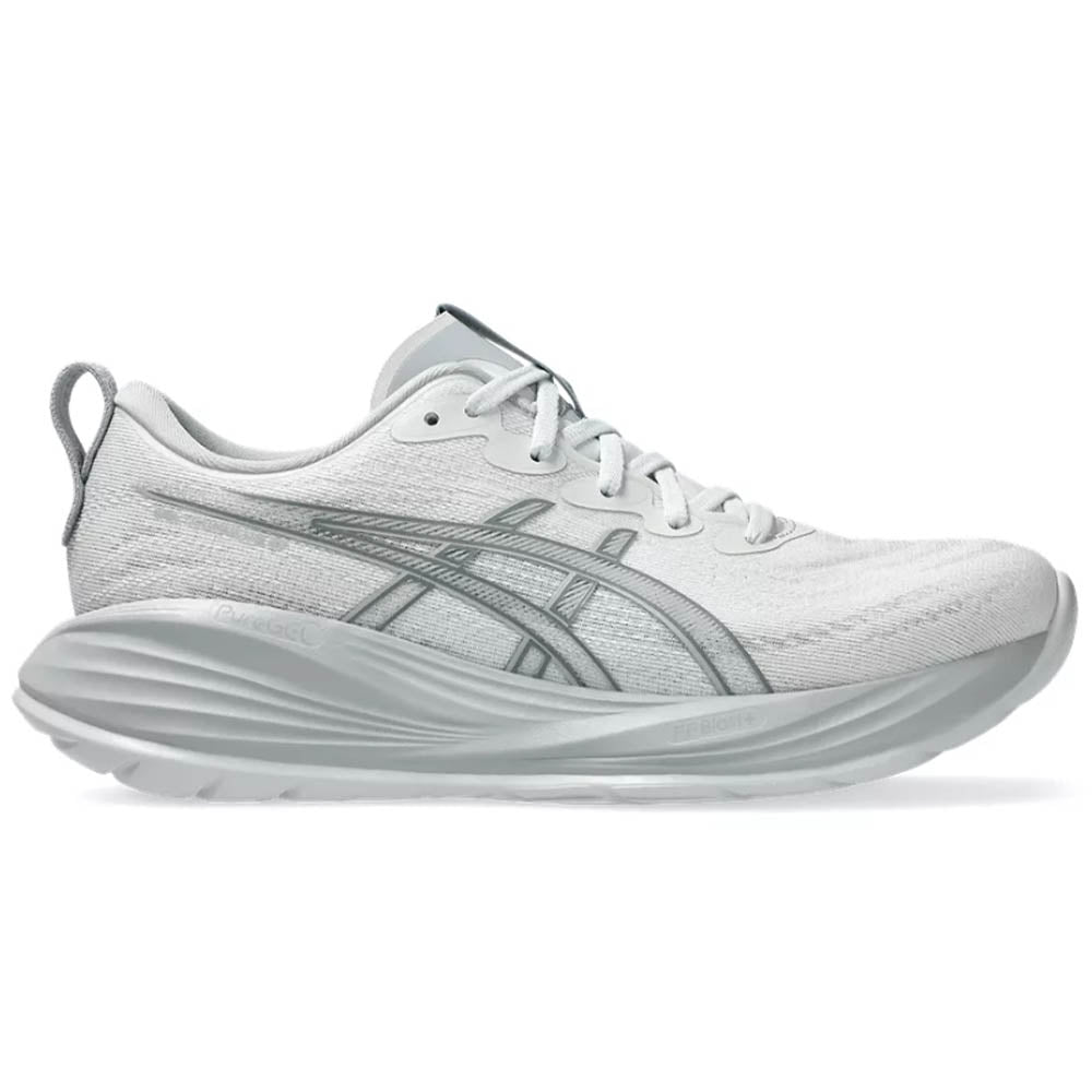 Side view on white background of Womens Asics Gel-Cumulus running shoe in Glacier Grey/Mid Grey, Medium (Regular) width