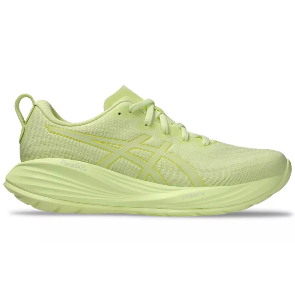 Side view on white background of Womens Asics Gel-Cumulus running shoe in Lite-Show/Huddle Yellow, Medium (Regular) width