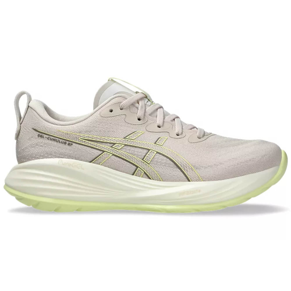 Side view on white background of Womens Asics Gel-Cumulus running shoe in Mineral Beige/Huddle Yellow, Medium (Regular) width