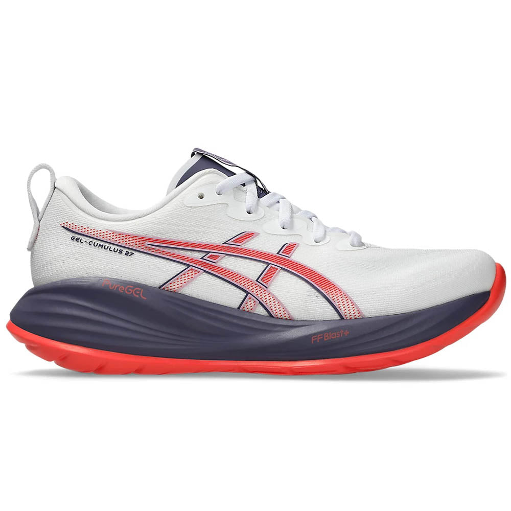 Side view on white background of Womens Asics Gel-Cumulus running shoe in White/Greyish Purple, Medium (Regular) width