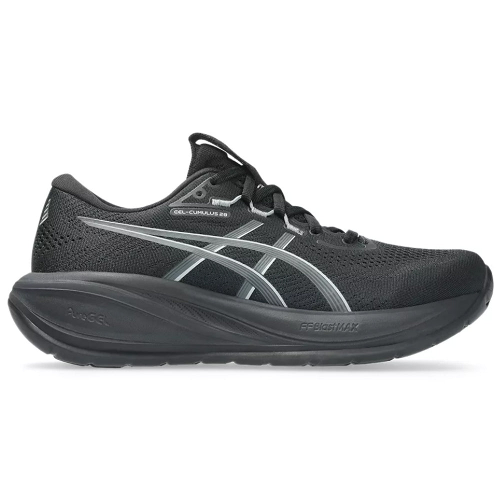 Side view on white background of Womens Asics Gel-Cumulus running shoe in Black/Carrier Grey, Medium (Regular) width