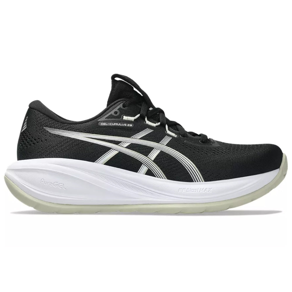 Side view on white background of Womens Asics Gel-Cumulus running shoe in Black/White, Medium (Regular) width