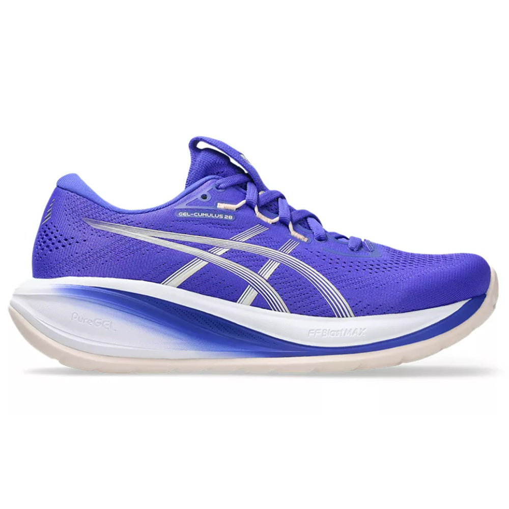 Side view on white background of Womens Asics Gel-Cumulus running shoe in Cobalt Burst/Ivory, Medium (Regular) width