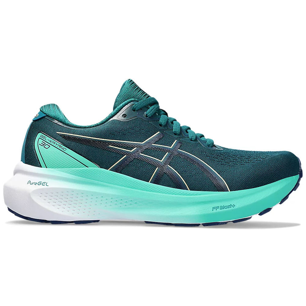 Side view on white background of Womens Asics Gel-Kayano running shoe in Rich Teal/Blue Expanse, Medium (Regular) width