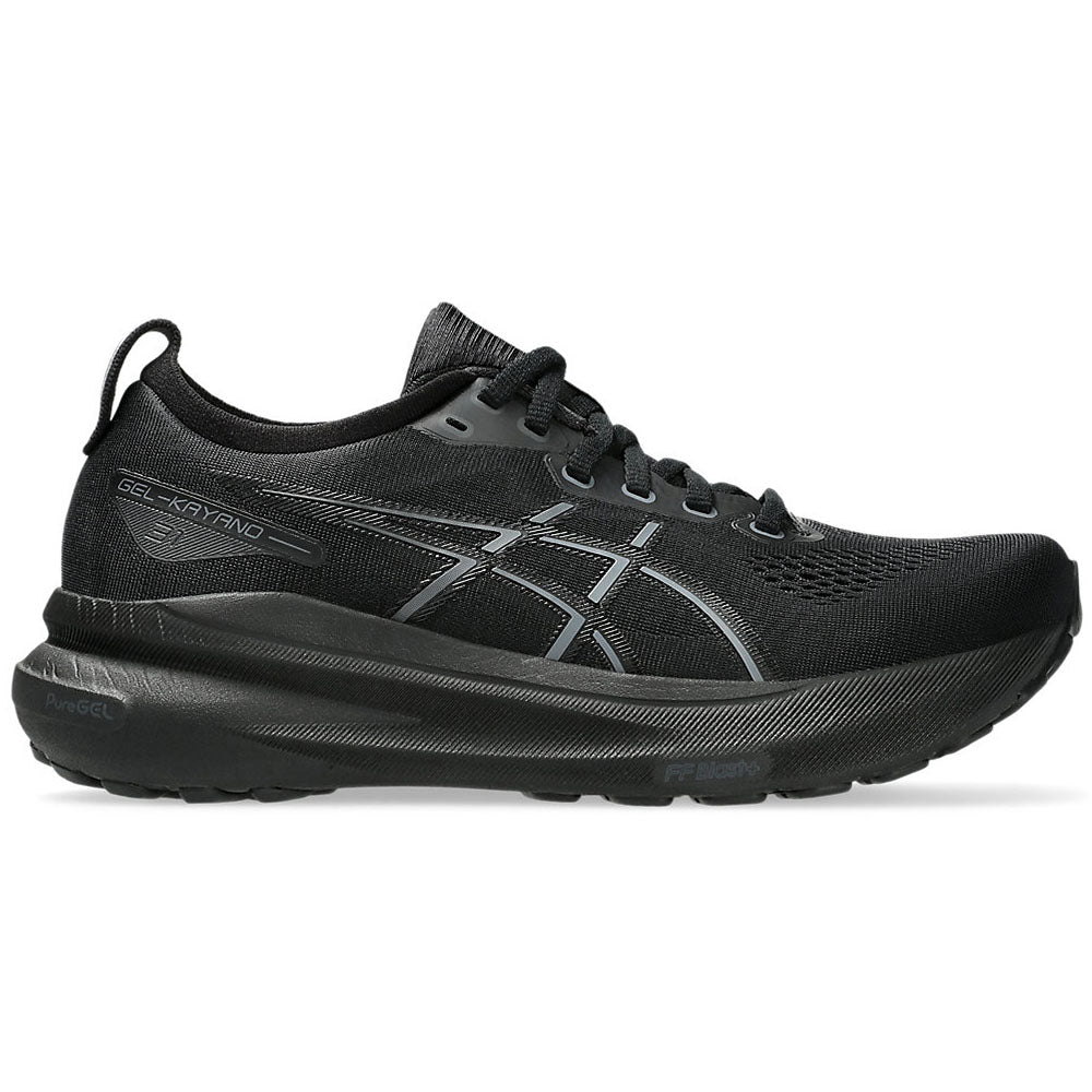 Side view on white background of Womens Asics Gel-Kayano running shoe in Black/Black, Medium (Regular) width