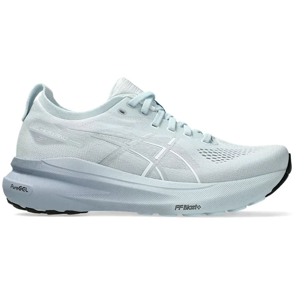 Side view on white background of Womens Asics Gel-Kayano running shoe in Cool Grey/Pure Silver, Medium (Regular) width