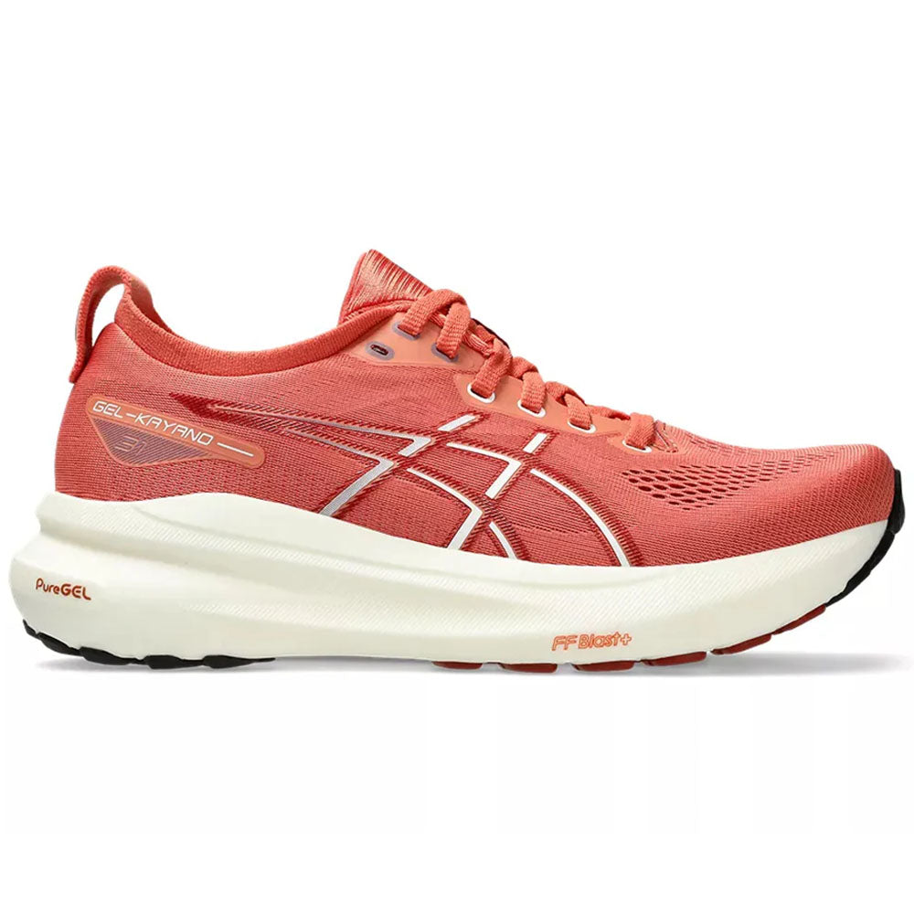 Side view on white background of Womens Asics Gel-Kayano running shoe in Desert Red/White, Medium (Regular) width